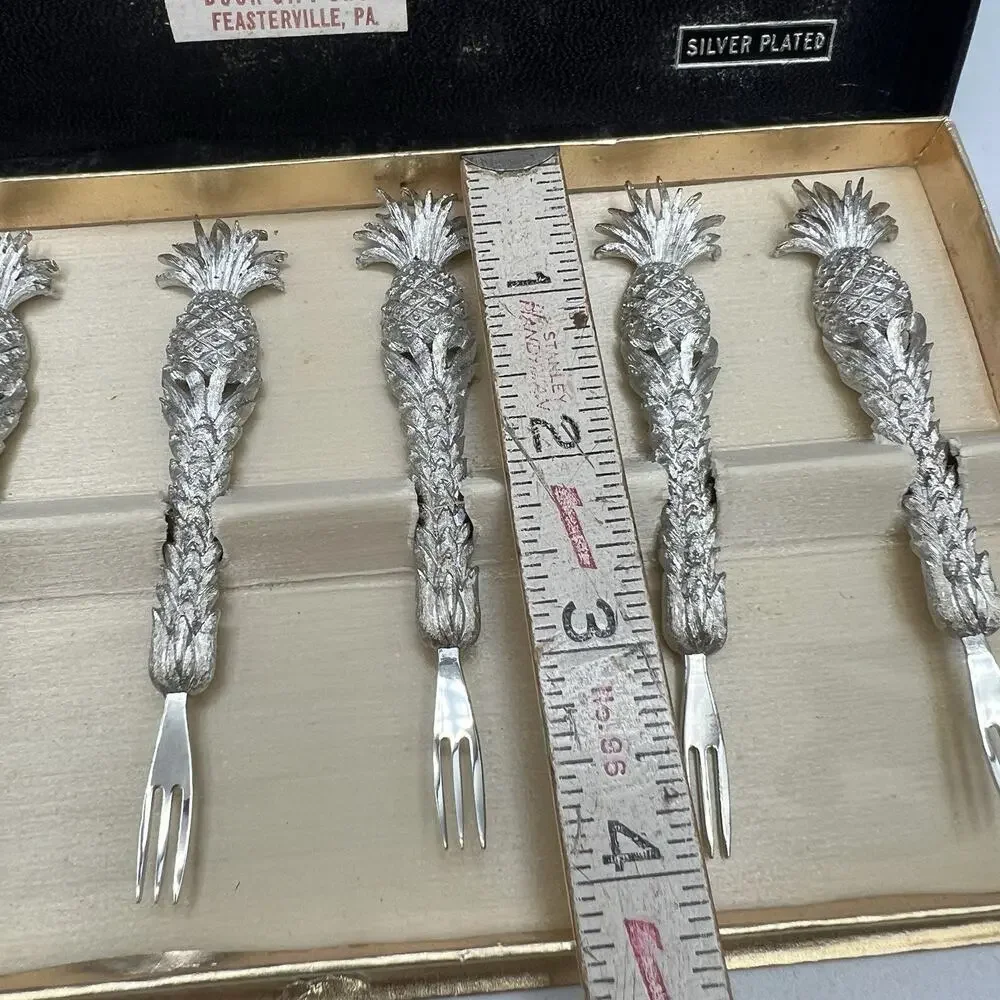 Set 6 Vintage Silver Plated Pineapple Oyster Appetizer Fork Janis Collection 4